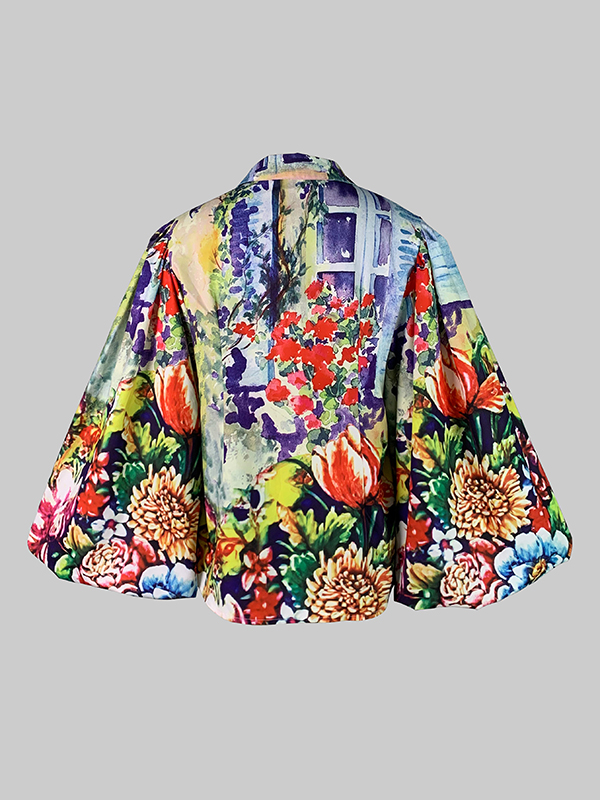 Loose Puff Sleeves Flower Print Split-Joint Lapel Blouses&Shirts Tops