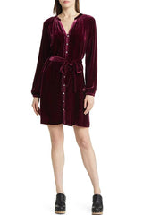 Solid Color Velvet Long-sleeved V-neck Lace-up Mini Dress