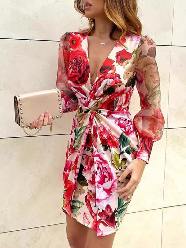 Bodycon Long Sleeves Flower Print Knot Mesh Split-Joint Deep V-Neck Mini Dresses