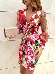 Bodycon Long Sleeves Flower Print Knot Mesh Split-Joint Deep V-Neck Mini Dresses