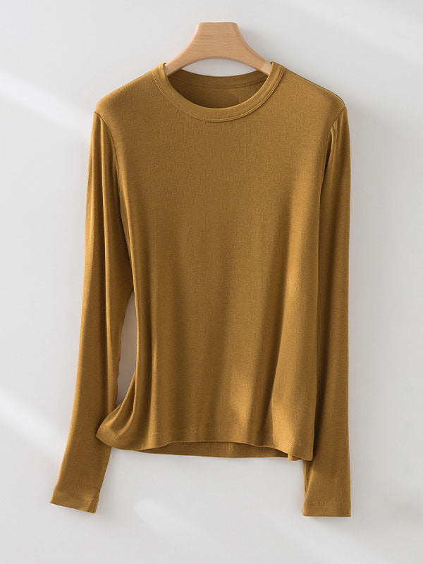 Long Sleeves Solid Color Round-Neck Skinny T-Shirts Tops