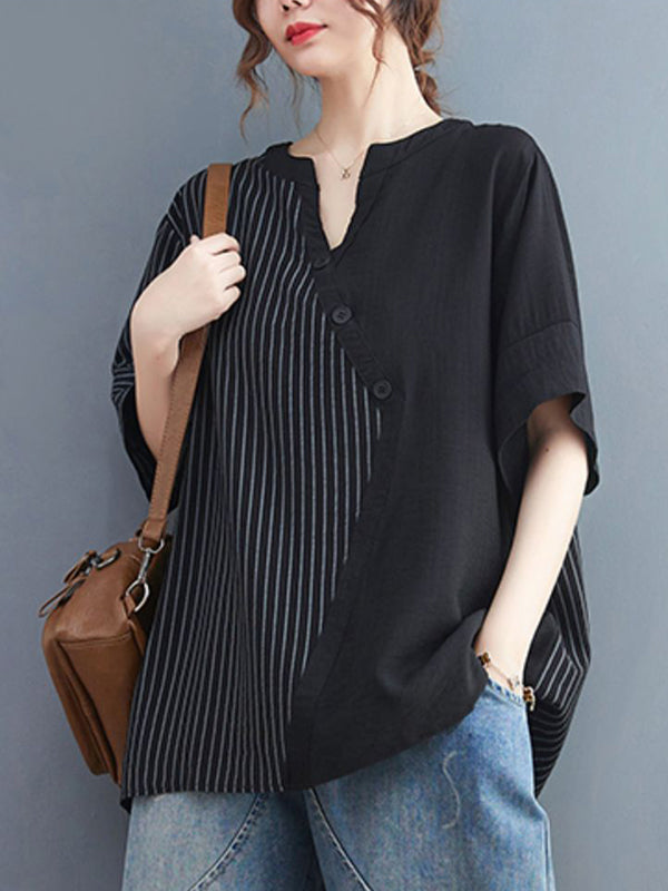 Simple Loose Asymmetric Striped V-Neck Blouse