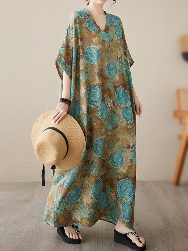 Loose Short Sleeves Printed V-Neck Maxi Dresses