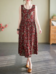 Loose Oversize Drawstring Floral Printed Round-Neck Midi Dresses