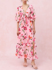 Summer Sweet Holiday Floral Tie Front V Neck Midi Dress