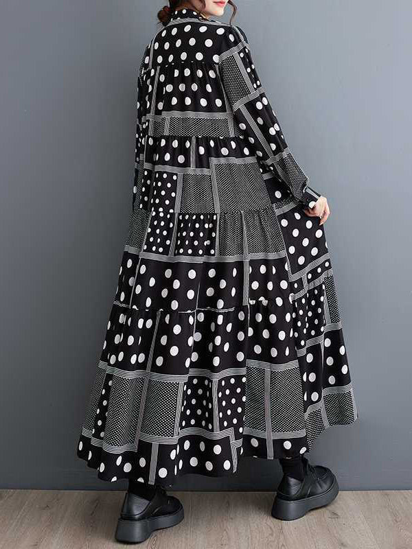 Long Sleeves Loose Buttoned Polka-Dot Printed Split-Joint Midi Dresses