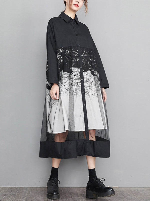 A-Line Long Sleeves Buttoned Gauze Printed Split-Joint Lapel Midi Dresses