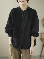 Long Sleeves Loose Asymmetric Buttoned Pockets Split-Joint Round-Neck Blouses&Shirts Tops