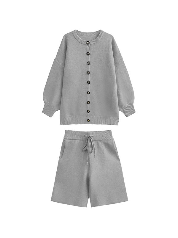 Long Sleeves Loose Buttoned Round-Neck Sweater Top + Drawstring Shorts Bottom Two Pieces Set