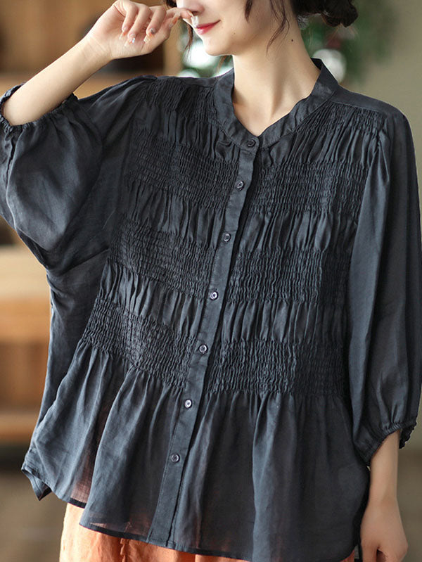 Loose Three-Quarter Sleeves Pleated Solid Color Split-Joint Stand Collar Blouses&Shirts Tops