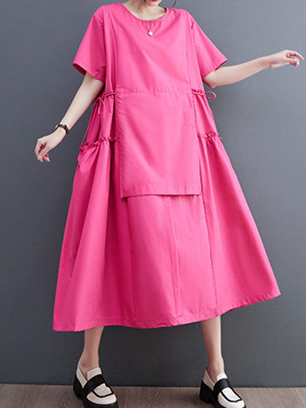 Loose Short Sleeves Solid Color Split-Joint Round-Neck Midi Dresses