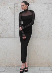 Mesh Stitching Finger Fit Design Long Sleeve Turtleneck Slim-fit Sheath Dress