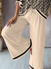 Urban Loose Printed V-Neck T-Shirts Tops& Drawstring Wide Leg Pants Suits