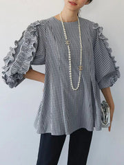 Trendy Tops Loose Puff Sleeves Plaid Agaric Laces Falbala Round-Neck Blouses