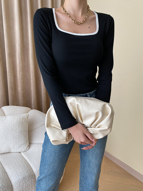 Long Sleeves Skinny Contrast Color Square-Neck T-Shirts Tops