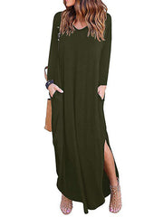 Long Sleeves Loose Solid Color Split-Side V-Neck Maxi Dresses