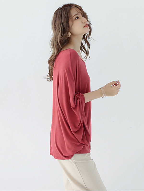 Vintage Loose Round-Neck Batwing Sleeves Shirts