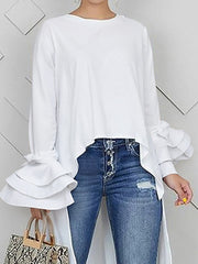 Flared Sleeves High-Low Solid Color Split-Joint Tiered Round-Neck T-Shirts Tops