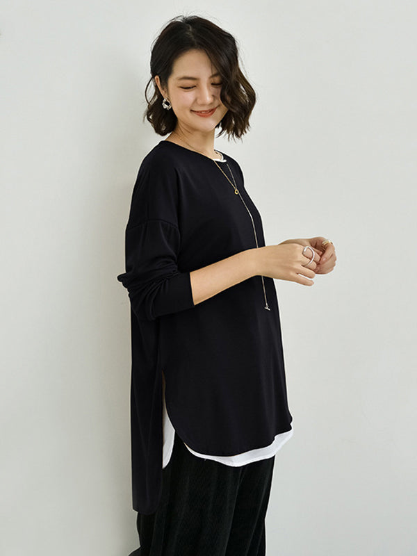 Simple Long Sleeves Loose Split-Side Solid Color Round-Neck T-Shirts Tops