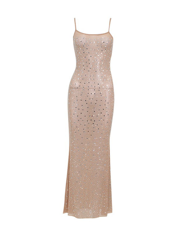 Bodycon Skinny See-Through Sequined Split-Joint Spaghetti-Neck Maxi Dresses