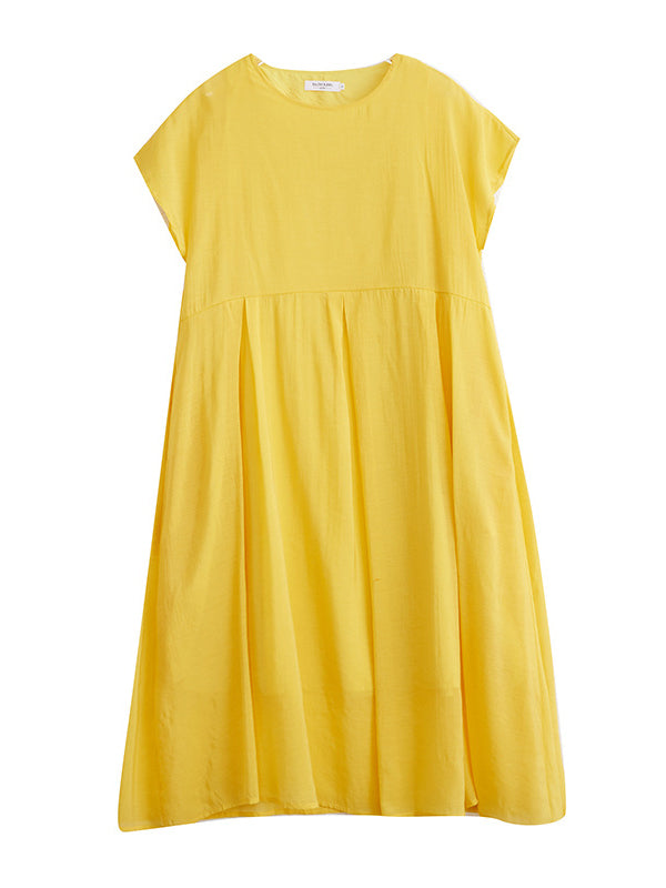 Loose Short Sleeves Solid Color Split-Joint Round-Neck Midi Dresses