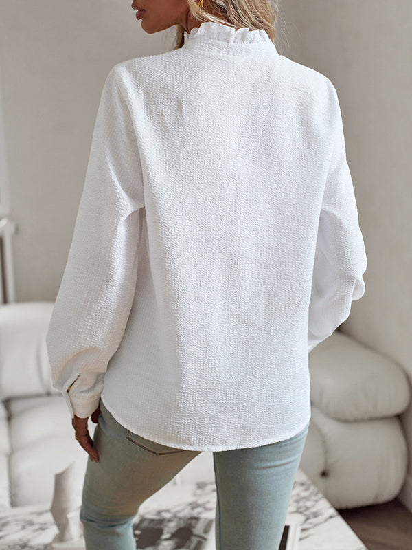 Long Sleeves Asymmetric Buttoned Ruffled Striped Mock Neck Blouses&Shirts Tops