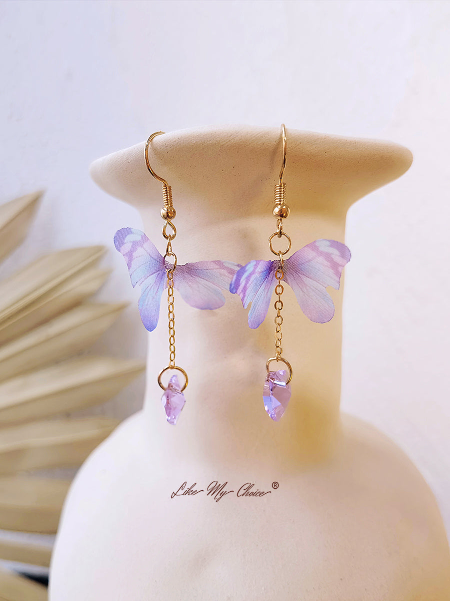 Purple Butterfly and Heart Gem Drop Earrings