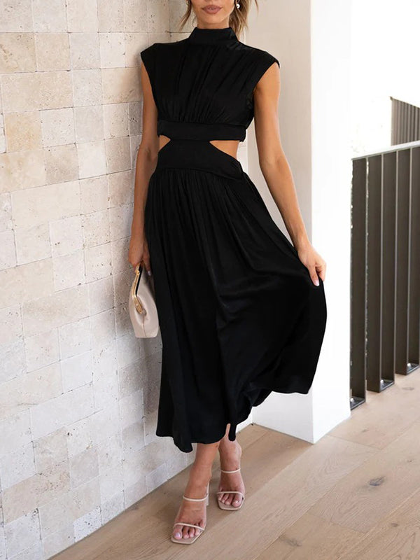 Cap Sleeve Belly-Hollow Pleated Solid Color Stand Collar Maxi Dresses