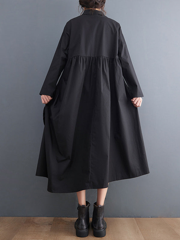 Urban Floral Applique Pleated Long Sleeves Shirt Dress Midi Dress