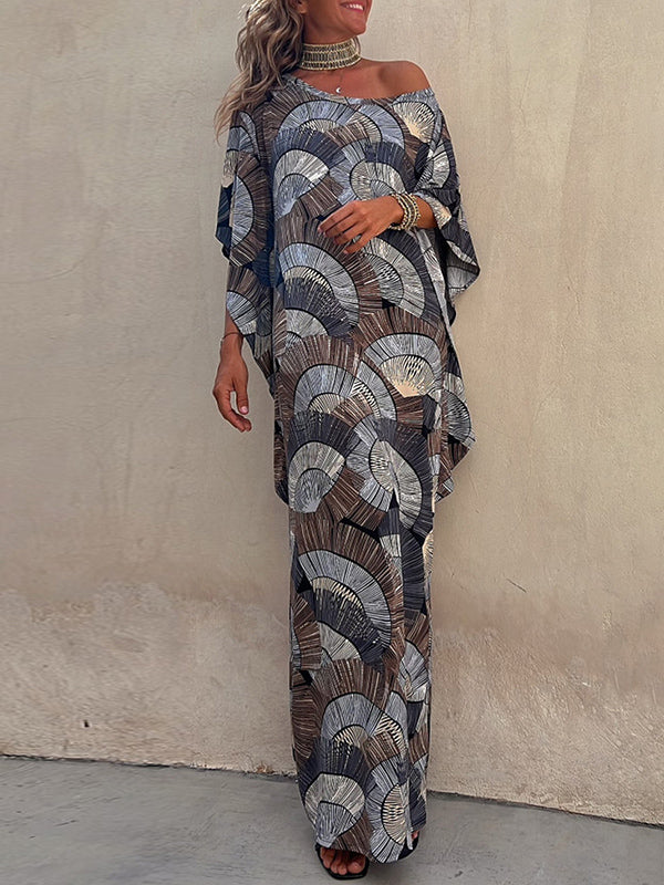 Batwing Sleeves Contrast Color Pleated Printed Maxi Dresses