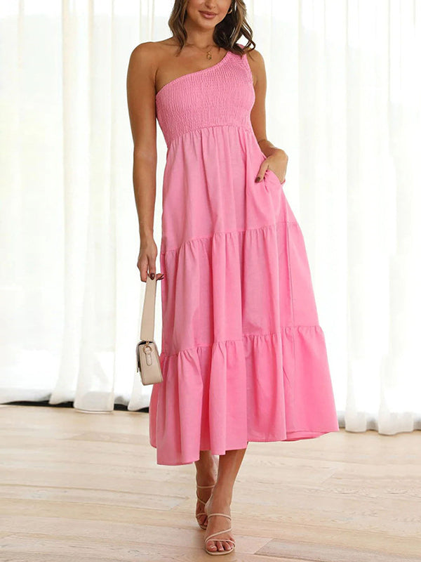 Loose Pleated Solid Color One-Shoulder Midi Dresses