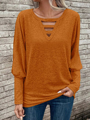 Long Sleeves Loose Hollow Solid Color Split-Joint V-Neck T-Shirts Tops