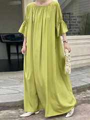 Half Sleeves Loose Solid Color Round-Neck Midi Dresses