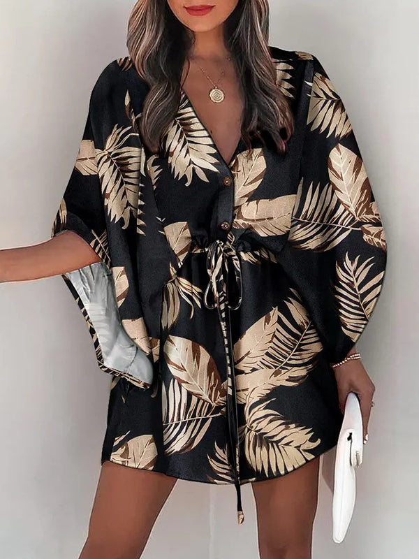 Original Loose Leaf Printed Contrast Color Tied Buttoned Mini Shirt Dress