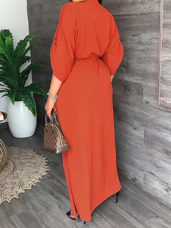 Loose Drawstring Solid Color Split-Side V-Neck Maxi Dresses