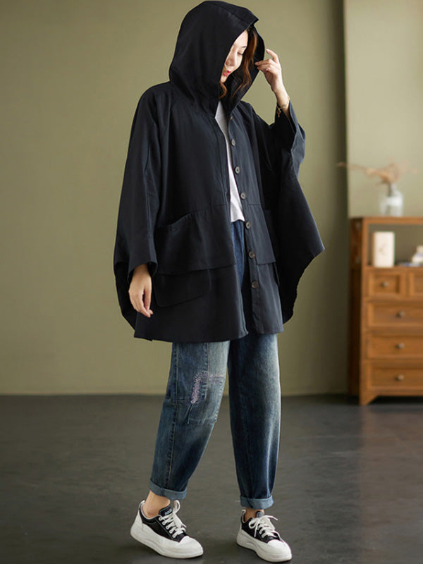 Loose Solid Color Buttoned Hooded Long Sleeves Trench Coat