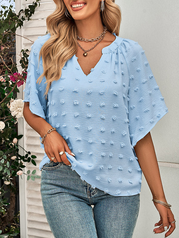 Half Sleeves Loose Jacquard Solid Color V-Neck T-Shirts Tops