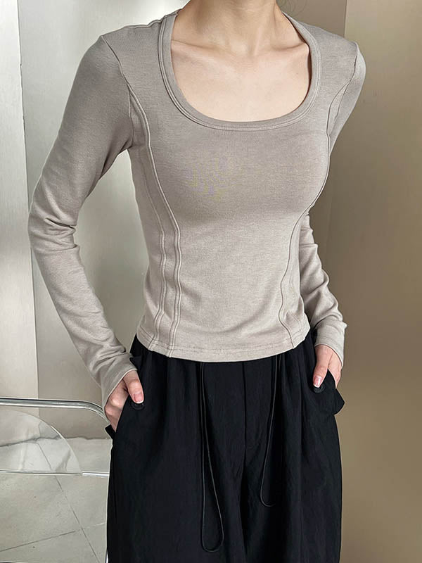 Long Sleeves Skinny Solid Color Split-Joint Round-Neck T-Shirts