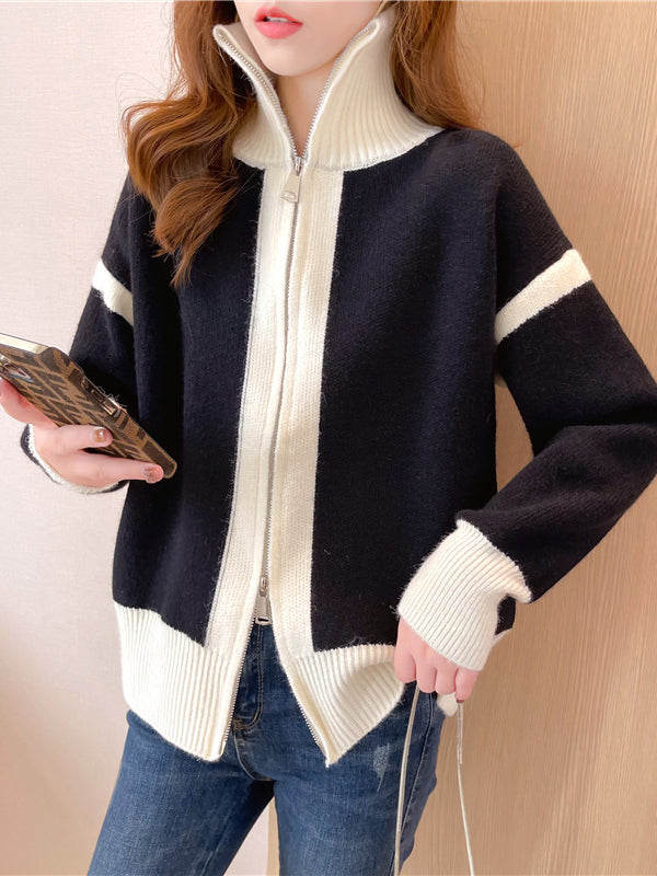 Casual Long Sleeves Contrast Color Zipper Stand Collar Cardigan Tops