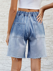 Loose Buttoned Elasticity Fringed Pockets Split-Joint Denim Shorts