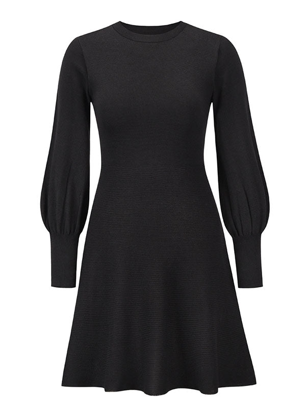 Puff Sleeves Wrap Solid Color Round-Neck Sweater Dress