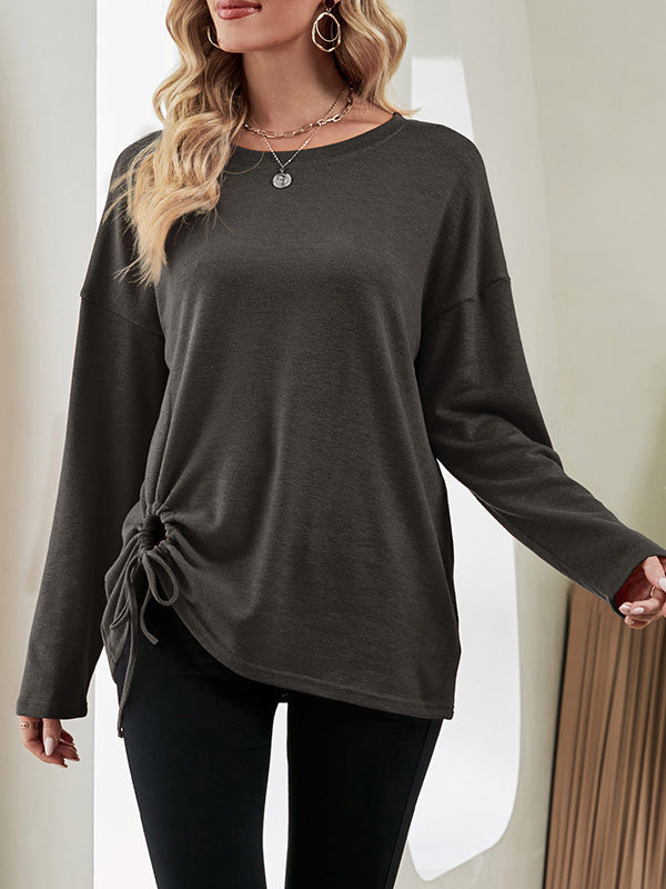 Long Sleeves Loose Asymmetric Drawstring Hollow Solid Color Round-Neck T-Shirts Tops