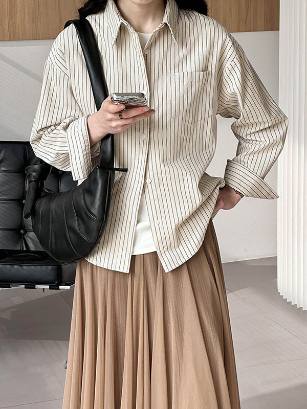 Long Sleeves Loose Buttoned Pockets Striped Lapel Blouses&Shirts Tops