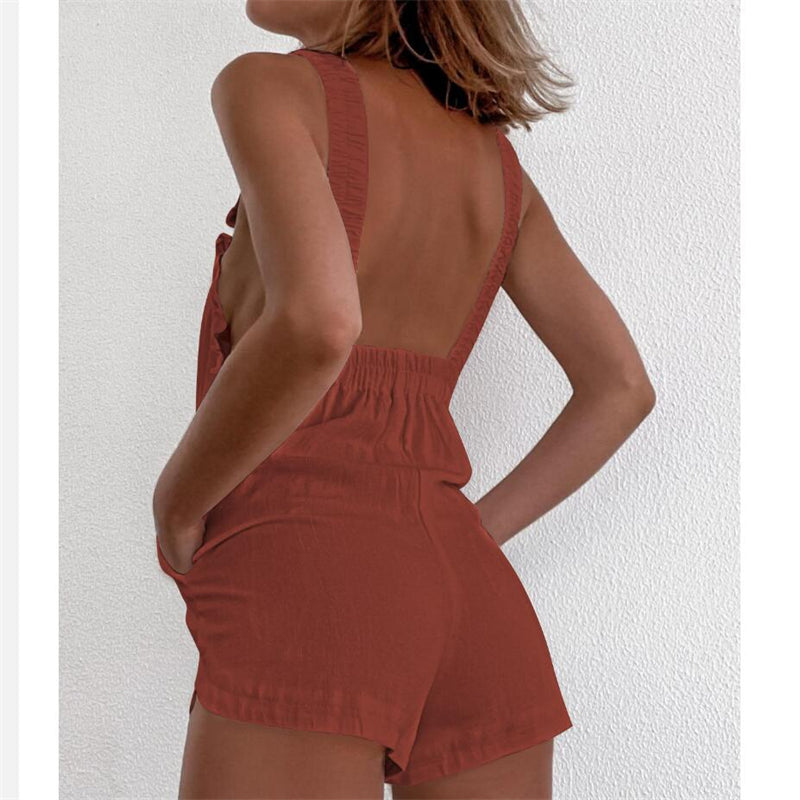 Solid Color Backless Strap Pocket Shorts