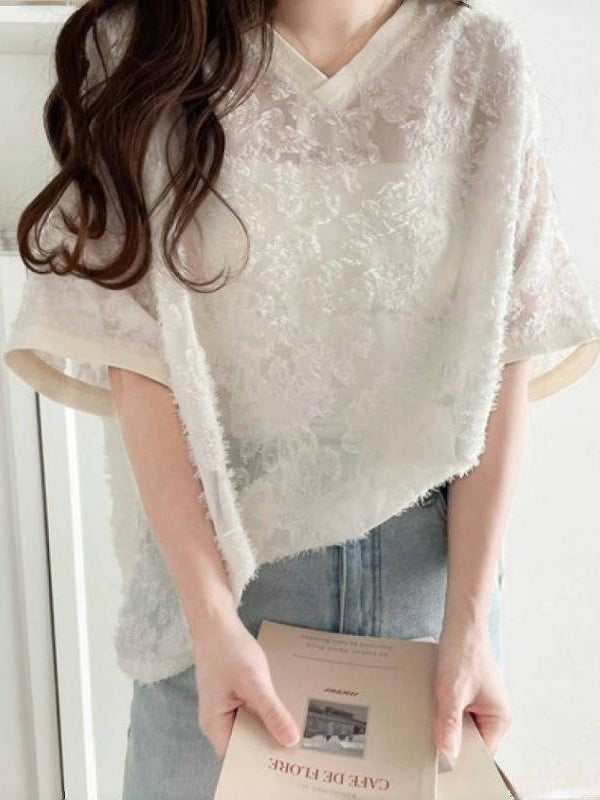 Half Sleeves Loose Mesh Solid Color Split-Side V-Neck Blouses&Shirts Tops