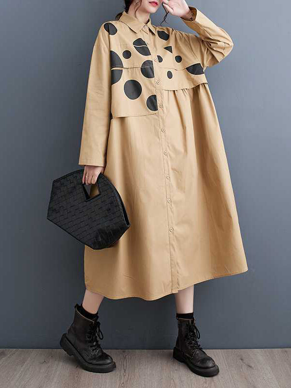 A-Line Long Sleeves Asymmetric Buttoned Polka Dot Split-Joint Lapel Midi Dresses