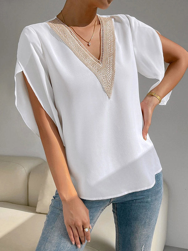 Half Sleeves Loose Hollow Split-Joint V-Neck Blouses&Shirts Tops