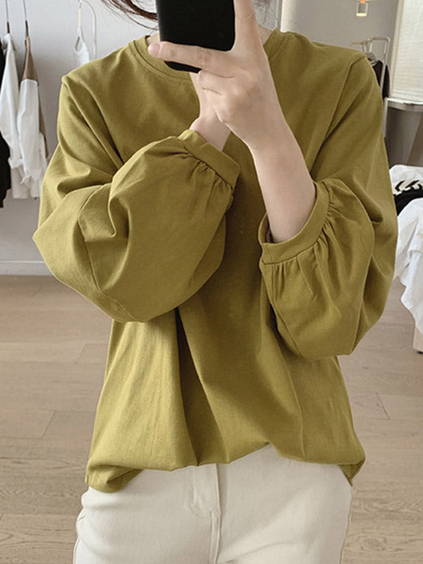 Long Sleeves Loose Pleated Solid Color Round-Neck T-Shirts Tops