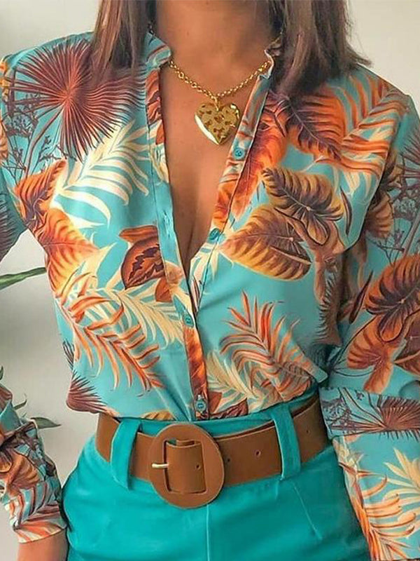 Long Sleeves Buttoned Flower Print Deep V-Neck Shirts Top +Belted Shorts Bottom Two Pieces Set