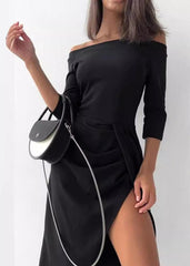 Elegant Off-Shoulder Slit Dress - Long Sleeve Waist Tie